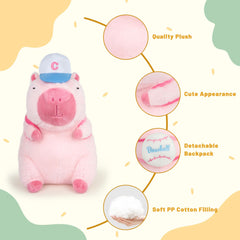 🐾 Logell Cute Capybara Plush – 9" Pink Stuffed Animal with Removable Baseball Backpack