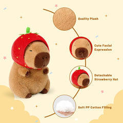 🍓 Logell Strawberry Hat Capybara Plush – Cute Stuffed Animal Toy Gift for Kids, 9" & 13" Sizes