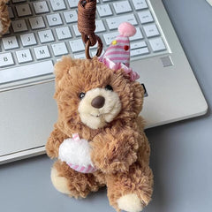 Logell Plush Birthday Hat Plush Keychain – Bear & Bunny 4.7"