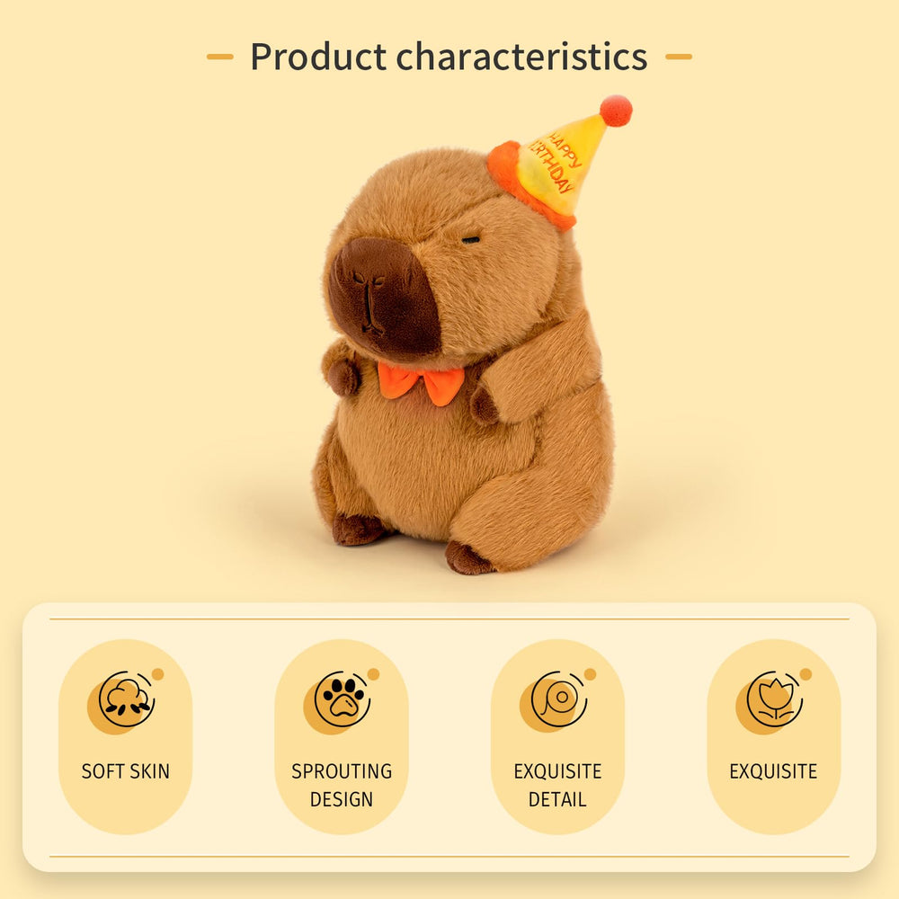 🎂 Logell Birthday Capybara Plush – 9" & 13" Soft Stuffed Animal with Hat & Bow – Cute Gift for Kids’ Parties - Logell