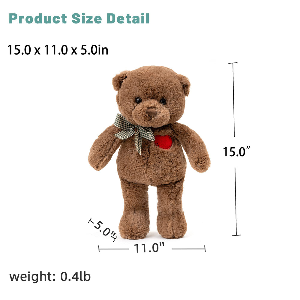 🧸 Logell Plush Teddy Bear with Heart – 11.4" & 15" Cute Brown Plush Stuffed Animal, Soft Valentine Gift for Girlfriend, Boyfriend & Kids - Logell