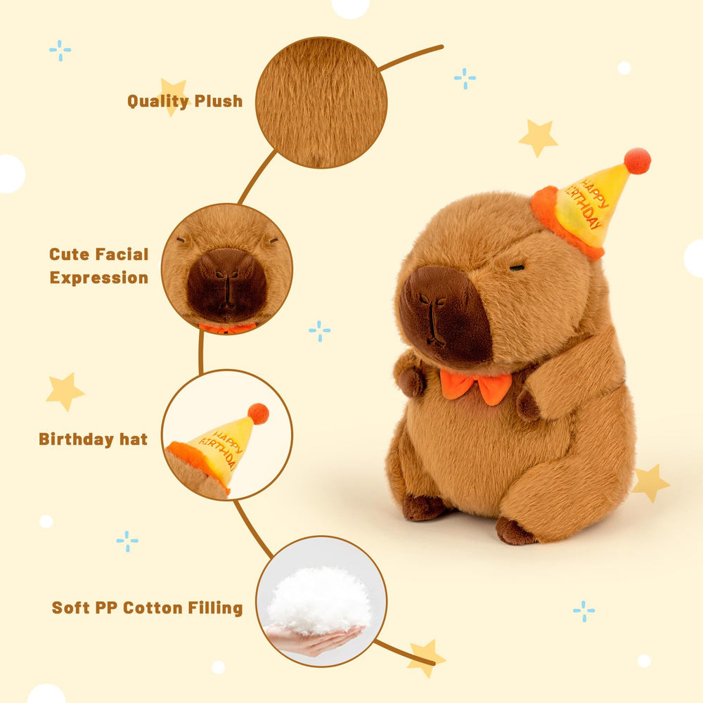 🎂 Logell Birthday Capybara Plush – 9" & 13" Soft Stuffed Animal with Hat & Bow – Cute Gift for Kids’ Parties - Logell
