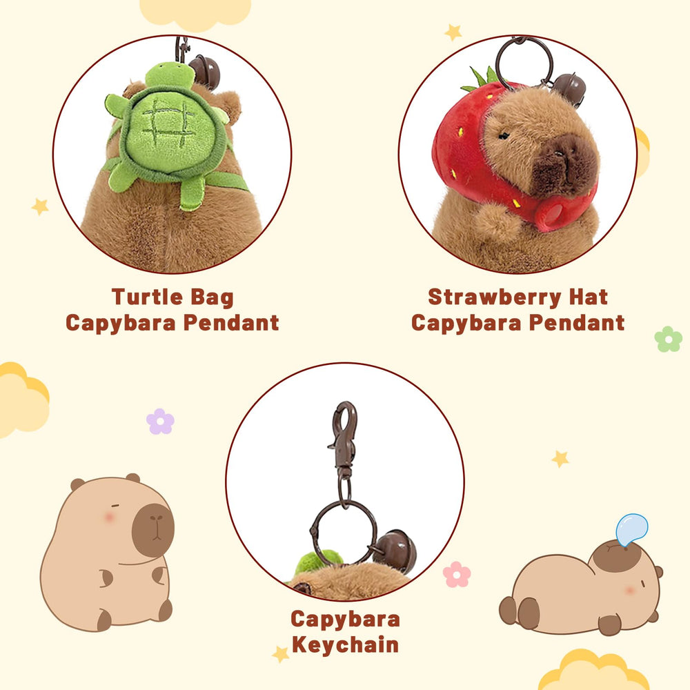 🧸 Logell 2 Pcs Capybara Plush Keychains – Soft & Cute Bag Charms with Turtle Shell or Strawberry Hood - Logell